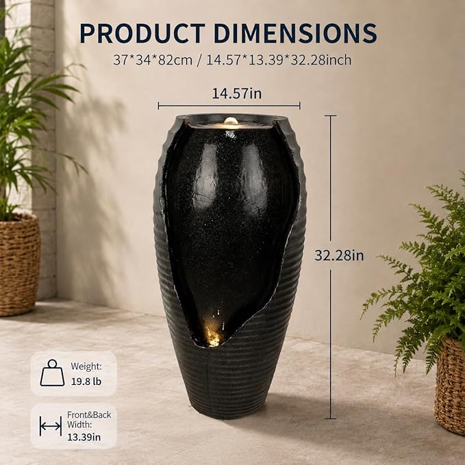 Floor Standing Resin Water Fountain Indoor Large Black Vase Water Feature with LED Light for Home Decor (Black)
