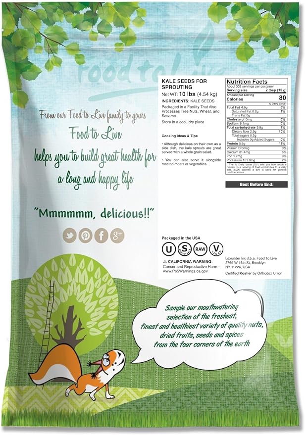 Food to Live Kale Seeds, 10 Pounds - Great for Sprouting and Planting, High Germination Rate, Non-Irradiated, Kosher, Vegan, Bulk, Grow Amazing Sprout, Microgreens and Plants for Salads, Sirtfood