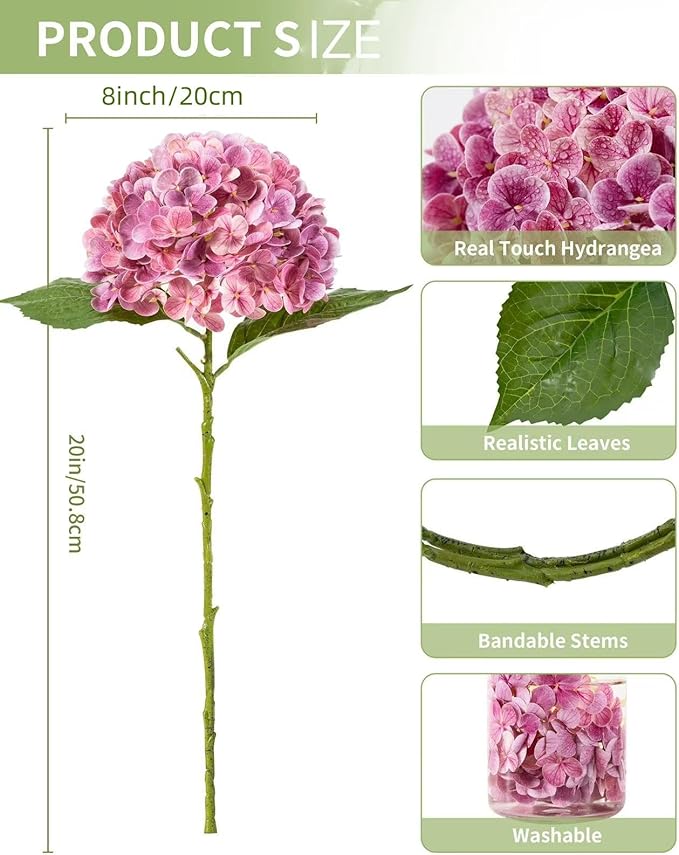 DuHouse 3Pcs Large Hydrangea Artificial Flowers,20 inch Latex Real Touch Hydrangeas with Long Stems & Leaves for Home Decor Party Floral Arrangements Wedding Bouquets Centerpieces(Rose Red)