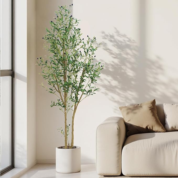 HZXGCP Olive Tree Olive 7 feet, Artificial Olive Tree with White Pot, Fake Tree with 1882 Dense Leaves & 96 High-Simulated Olive Fruits - Easy Assembly, Low Maintenance (Olive Tree 7ft)