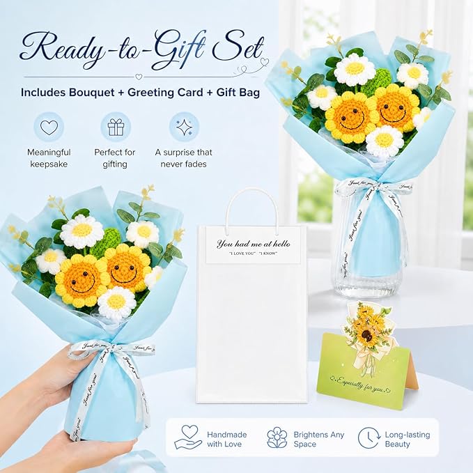 Crochet Flower Bouquet Handmade Knitted Sunflower Artificial Bouquet Positive Crocheted Sunflowers Bouquet with Exquisite Wrap for Valentine Mother's Day Graduation Anniversary（Blue）
