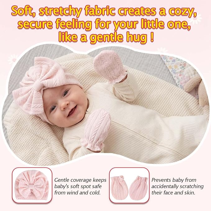 8 Sets Newborn Baby Girl Hats & Mittens, Cotton Preemie Hospital Bow Cap, No Scratch Gloves,Infant Beanies 0-3 Months