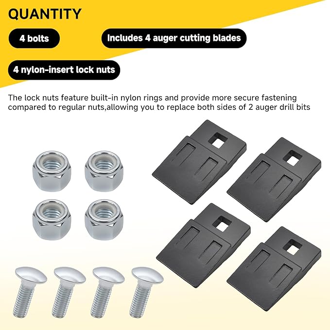 (4-Pack) 3 Point Auger Teeth Cutting Edge Replacement for Most Heavy Duty 3 Point Tractor Post Hole Digger Augers Bit Teeth Parts,with Bolts and Built-in Nylon Lock Nuts,3.2" x 2"