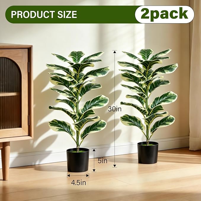 2 Pack Fiddle Leaf Fig Tree, 30'' Fake Tree in Pots with Green Artificial Turf, Floor Fake Plants Indoor for Spring Home Porch Bathroom Living Room Office Patio Windowsill Decor (Variegated)