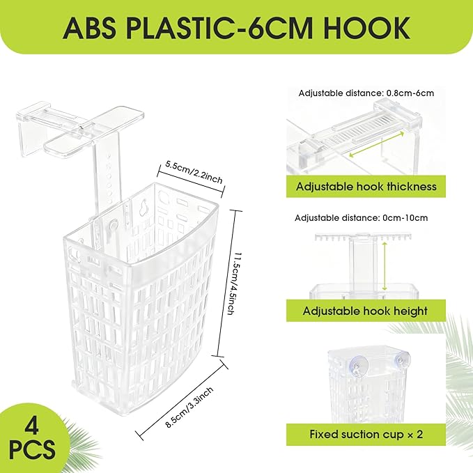 4 PCS Upgraded Aquarium Plant Holder, Adjustable Thickness Height Fish Tank Plant Holder with 4 Extension Hooks and 4 Suction Cups for Fish Tank Aquaponic Plant Cultivation (Clear)
