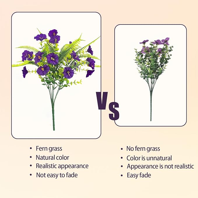 Artificial Flowers for Outdoors 12 Bundles Artificial Petunias Fake Flowers UV Resistant Shrubs Plants with Fern for Indoor Outside Hanging Planters Home Garden Summer Decorations (Purple)