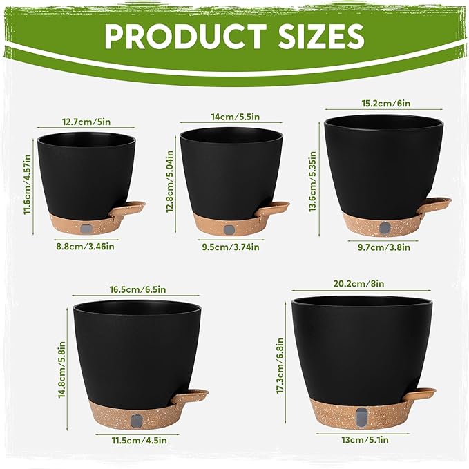 Self Watering Pots for Indoor Plants (5/5.5/6/6.5/8 Inch), Terra Cotta Planters with Water Level Indicator & Drainage,Wicking Pots for Monstera, Herbs & Snake Plant (Black, 5/5.5/6/6.5/8 Inch)