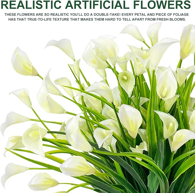 TURNMEON 12 Bundles Calla Lily (240 Heads) Artificial Flowers for Outdoors, Fake Plants UV Resistant Faux Plastic Fake Flowers for Indoor Planter Home Porch Yards Spring Summer Cemetery Decor(White)