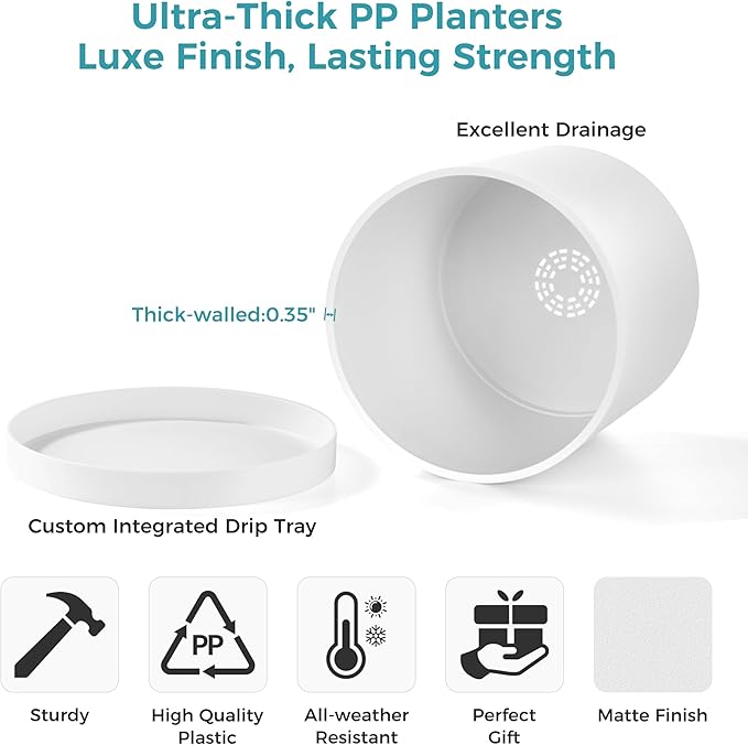 FaithLand 14-Inch Large Modern Cylinder Planter, Thick-Walled Plastic Plant Pot with Drainage Holes and Detachable Saucer, Matte White, Ideal for Indoor & Outdoor Plants Flowers