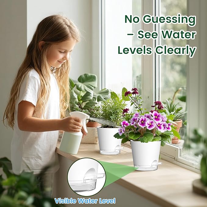 Meowell 5 inch Self Watering Flower Pots for Indoor Plants, 5 Pack Small Plant Pots with Drainage Holes & Clear Reservoir for Visible Water Level, Plastic Wicking Planter Pots for House Plants, White