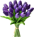 Mandy's Dark Purple Artificial Tulips Flowers Centerpiece, 13.5" Lifelike PU Fake Floral Stems 20pcs for Kitchen Island & Dining Table, Spring Decor for Easter