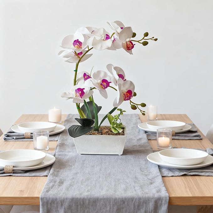 White Orchids Artificial Flowers Fake Orchid in Pot Phalaenopsis Flower Large Faux Orchid Plant Real Looking Fake Flowers Table Decor for Living Room Centerpieces Indoor Bathroom Plants