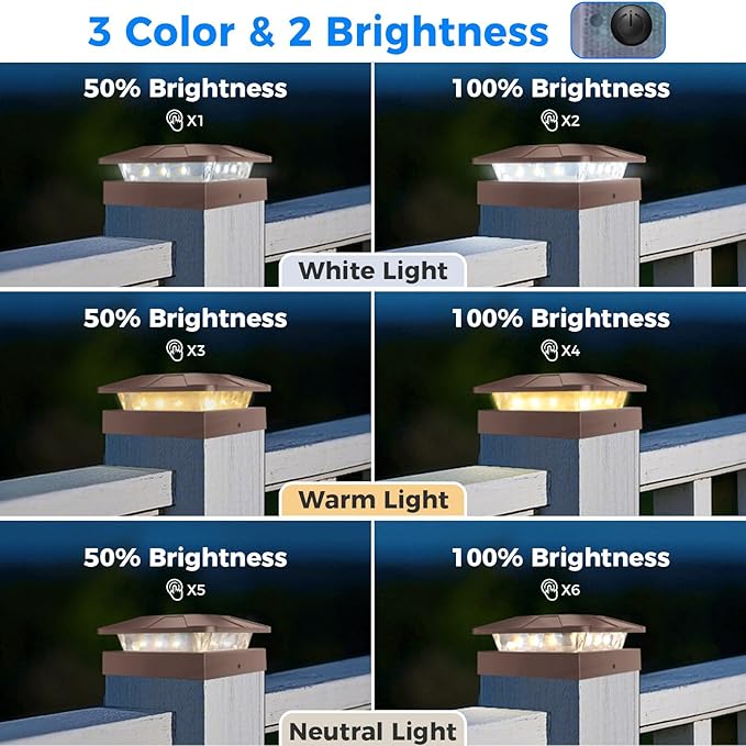Peasur 16 Packs 4x4 Post Solar Lights 3 Lighting Modes, Brown Solar Powered Cap Lights Fits 4×4/3.5×3.5 Wood/Vinyl Posts, Waterproof Post Top Light Outdoor for Fence Deck Mailbox Porch Railing