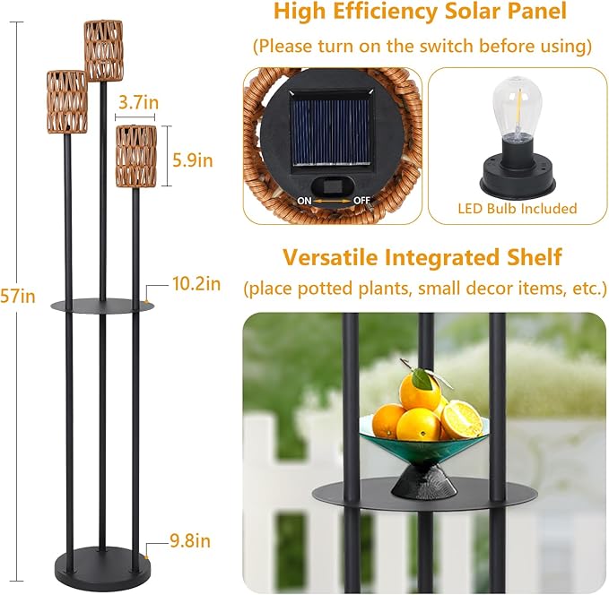 Solar Outdoor Floor Lamp Waterproof, Cordless Outdoor Lamps for Patio with Shelves Plant Stand, Rattan Solar Lamp for Outside, Wireless Outdoor Light for Yard Garden Deck Porch Decor