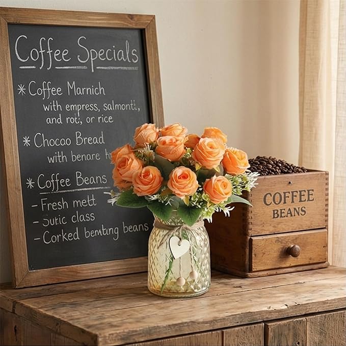 Faux Flowers in Vase, 18 Pcs Fake Rose Flowers with Glass Vase, Artificial Flower Arrangement Home Decor Indoor Centerpiece for Living Room & Dining Table, Orange, 12 Inches