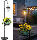 60.62'' Shepherd's Hook Stand Plant with Solar Lantern, Outdoor Floor Lamp, Wind Chime Hanger Stand, Waterproof Metal & Adjustable Height Standing Pole Holder Garden Light for Patio, Porch, Deck Decor