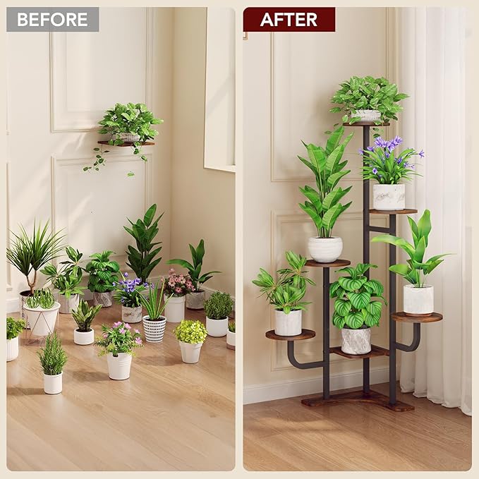 Homsorout Corner Plant Stand with Grow Light - 6 Tier Plant Stand Indoor Round Metal Plant Shelf with Adjustable Light, Plant Organizer for Living Room, Graden, Home Decor (Brown)