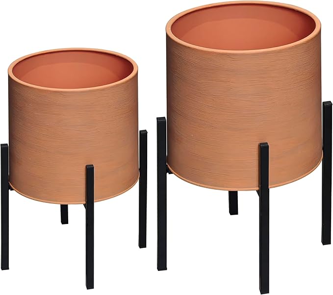 ARNIS Modern Plant Pots, Large Planters with Stand, Set of 2 Decorative Planters, Metal Pots with Drainage Holes for Living Room, Office, Garden or Balcony, 10.5 &12.25 Inch, Terracotta
