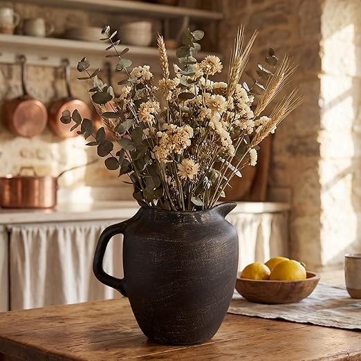 Potchen Rustic Kitchen Utensil Holder with Handle,7.48" H Ceramic Vintage Utensil Crock for Countertop, Farmhouse Kitchen Decoration Ceramic Pot for Spatulas Spoons Tongs(Novelty,Antique Black Gold)