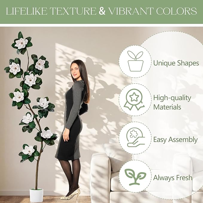 Jexine 7 ft Artificial Rubber Tree with 9 Magnolia Flowers in Pot Extra Tall Faux Magnolia Tree Fake Plant Indoor Floor Plant for Indoor Living Room Office Home Decor