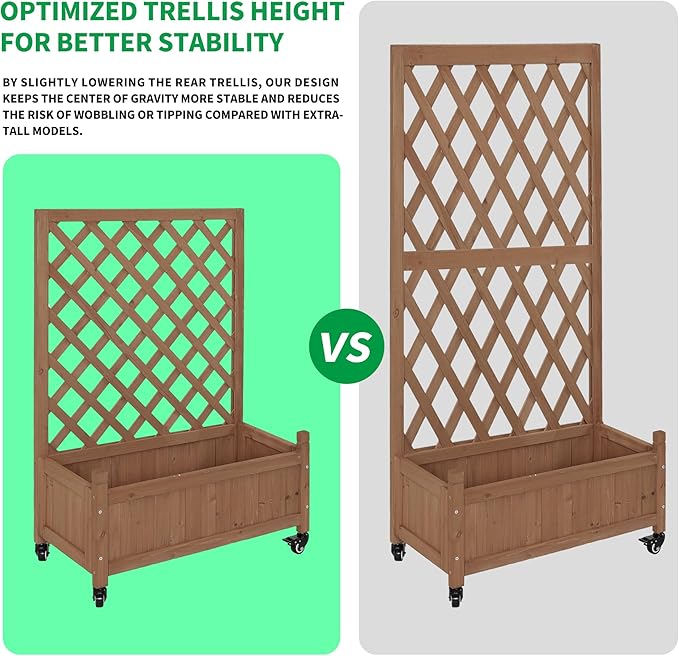 2 Pcs Wooden Planter Boxes with Trellis: Four Universal Wheels for Easy Mobility, 37.6" H x 27.5" W x 13" D,Perfect for Outdoor Climbing Plants on Patios, Balconies & Gardens