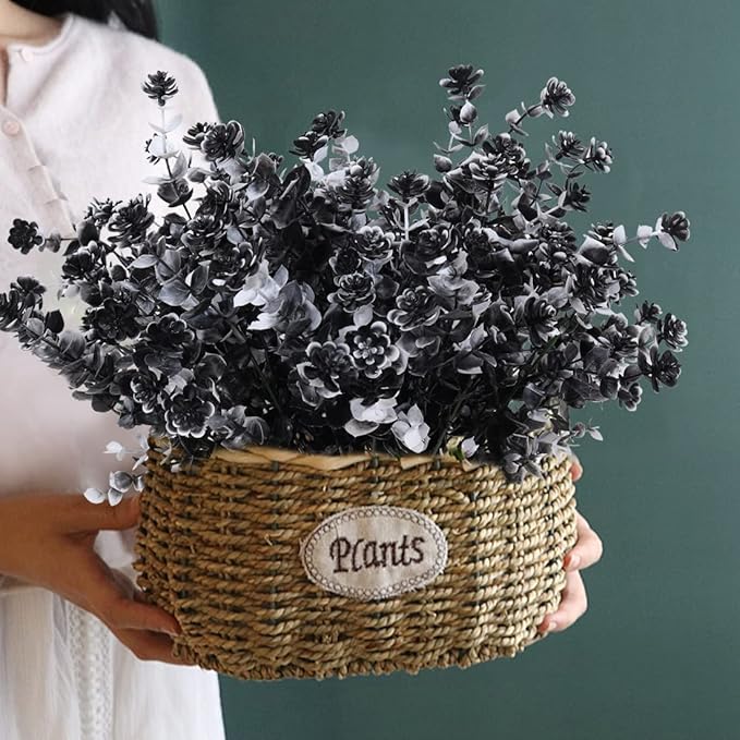 RECUTMS Black Artificial Flowers, 12 Pcs Fake Outdoor UV Resistant Plants Faux Plastic Greenery Shrubs Indoor Outside Hanging Planter Flower Decoration, Garden Decor (Black+White)