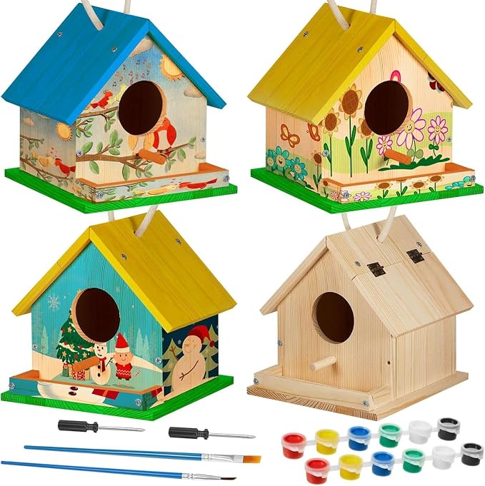 Liliful 1 Sets Wooden DIY Birdhouse Kit, Unfinished Bird Houses with Paints and Paintbrushes, Bird Feeder Craft Arts for Kids Ages 4-8, 8-12, Classroom Activity and Adults Wooden Craft Gifts