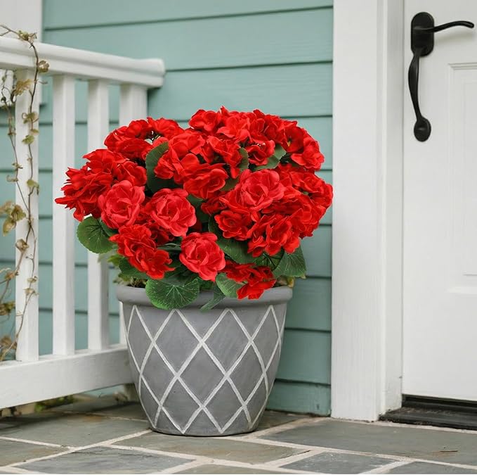 7Pcs Geranium Artificial Flowers for Outdoors Decoration Geranium Silk Flowers Outsides UV Resistant Garden Plants Faux Flower for Front Door Garden Porch Planter Patio Balcony Yard Indoor Home (Red)