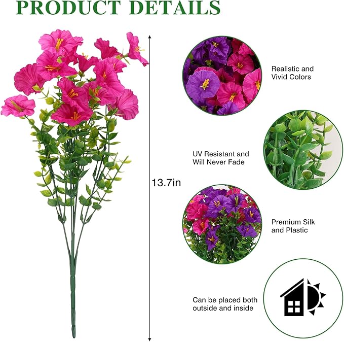 CEWOR 24 Bundles Artificial Flowers for Outdoor Indoor, Fake Silk Morning Glory with Eucalyptus Leaves, Faux Flower for Garden Front Door Porch Planter Patio Home Decor (Purple Fuchsia)