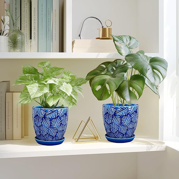 EFISPSS 6 Inch Plant Pots, Ceramic Plant Pots with Drainage Hole and Saucer, Indoor/Outdoor Flower Pots, Set of 2 - Blue