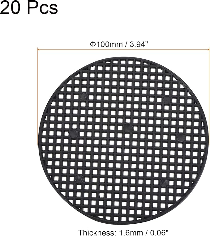 MECCANIXITY Flower Pot Hole Mesh Pad 4 Inch Bonsai Plant Bottom Round Plastic Soil Grid Screen Mat, Black Pack of 20
