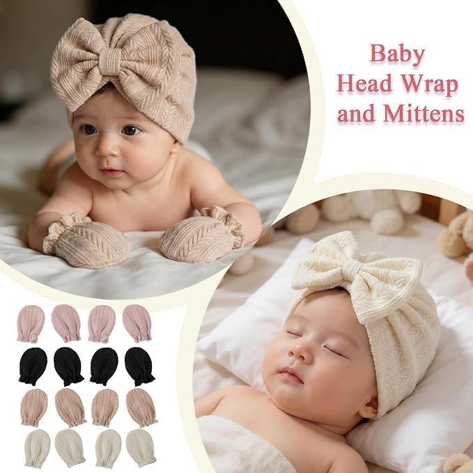 Newborn Baby Girl Hats Mittens Set Cotton Hospital Bow Hat Beanies Caps Gloves for New Born Girls 0-6 Months