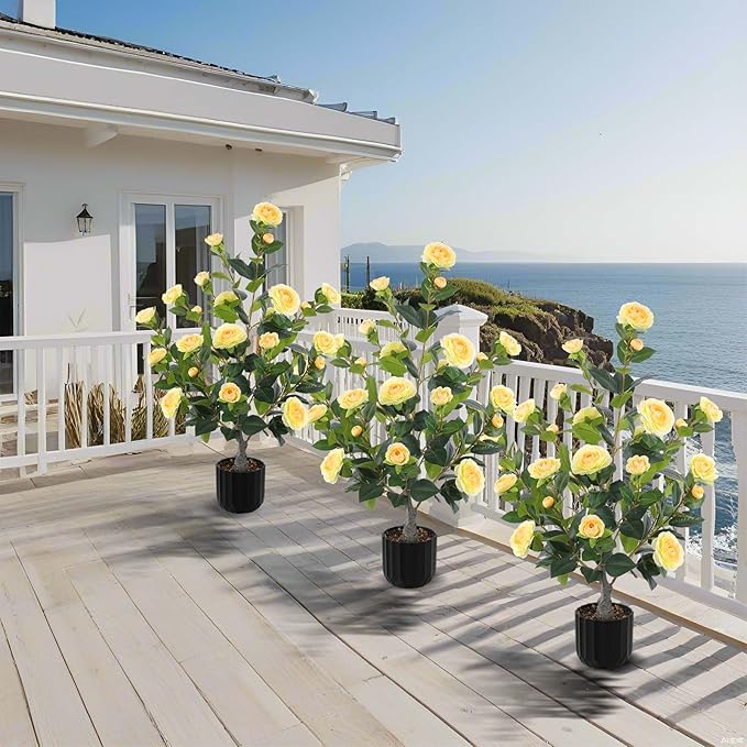 Hananona 2 Pcs Artificial Camellia Trees Faux Camellia Plant in Pot with Flowers Indoor Plants for Spring Home Decor Outdoor Porch Front Door Decor (Yellow, M)
