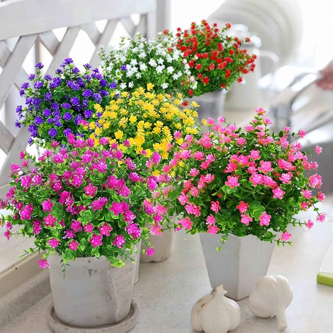 6 Bundles Outdoor Artificial Flowers UV Resistant Fake Boxwood Plants, Faux Greenery for Indoor Outside Hanging Plants Garden Porch Window Box Home Wedding Farmhouse Décor (Pink)