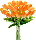 Mandy's Orange Artificial Tulips Flowers Centerpiece, 13.5" Lifelike PU Fake Floral Stems 20pcs for Kitchen Island & Dining Table, Spring Decor for Easter