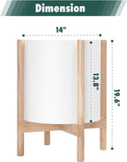 D'vine Dev Planter Pot with Stand - 14 Inch Plastic Cylinder Flower Pot with Wood Planter Holder for Indoor, Matte White Pot + Natural Stand, 55-C-S-1