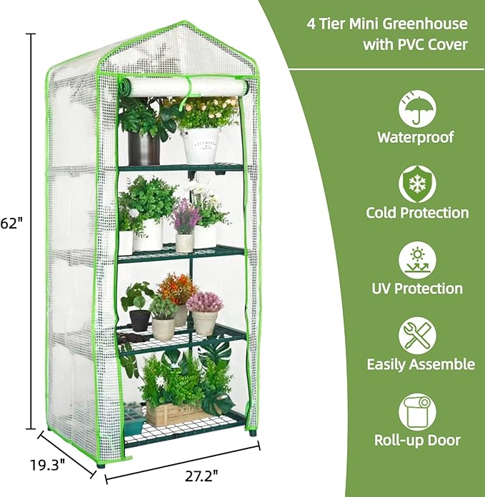 Mini Greenhouse for Indoor Outdoor, Small Plants Green House with 4 Tier Shelves, Portable Plastic Greenhouses with Durable PE Cover for Garden Backyard Patio Balcony Porch (White)