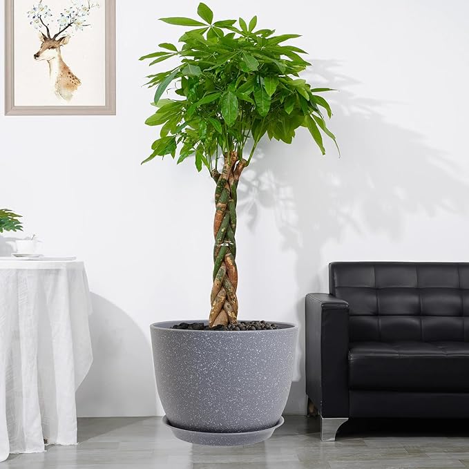 UOUZ 12/10/9 Large Modern Plant Pots, Plastic Planters with Drainage Holes and Saucers for Indoor Outdoor Plants Flowers, Grey Speckles