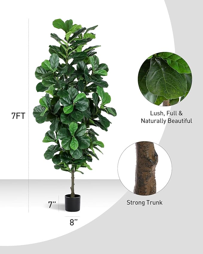Fiddle Leaf Fig Tree 7ft Tall Artificial Tree in Plastic Pot Fake Ficus Lyrata Plants with 184 Decorative Fiddle Leaves Faux Fig Trees for Home Office Living Room Decor Indoor Outdoor