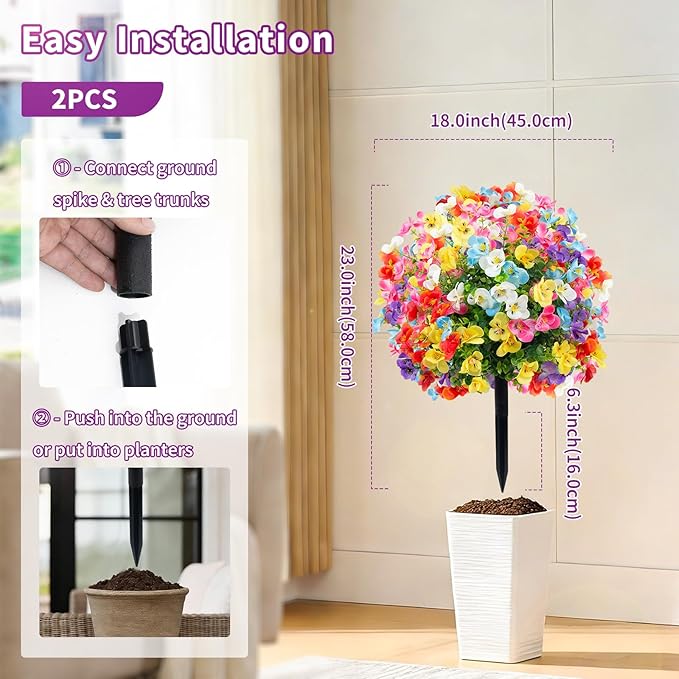 2 Pack Artificial Pansy for Outdoors with Ground Spike, Artificial Flowers Topiary Ball Trees Faux Flowers Bushes for Front Porch Planters Patio Garden Yard Decor (Purple, Red, Blue, White, Yellow)