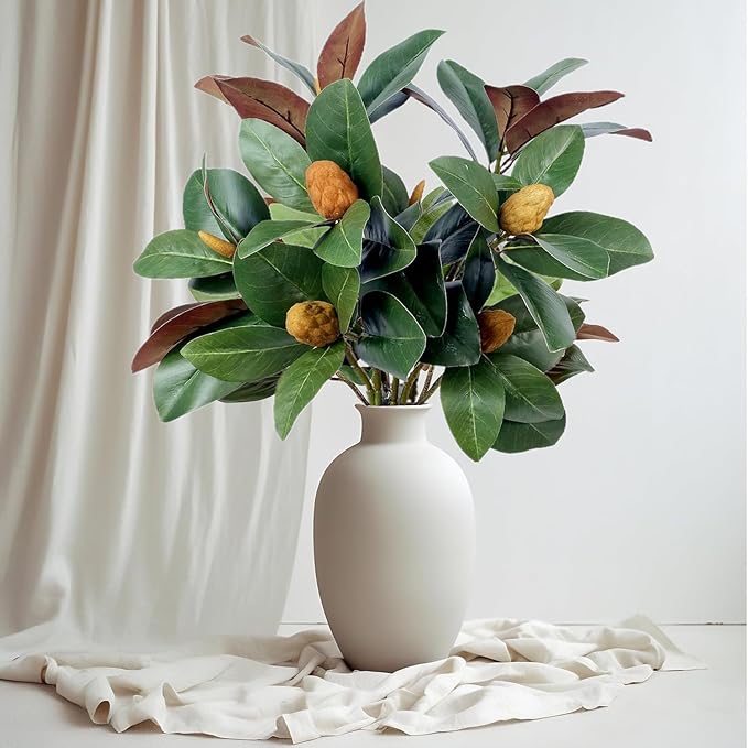 Artificial Magnolia Plants 18 Inch, Fake Magnolia Leaves Stems Faux Greenery Big Leaf Branches Shrubs Houseplant Decor for Indoor Outdoor Home Garden Wedding Table Centerpiece Vase Decoration 2 Pack
