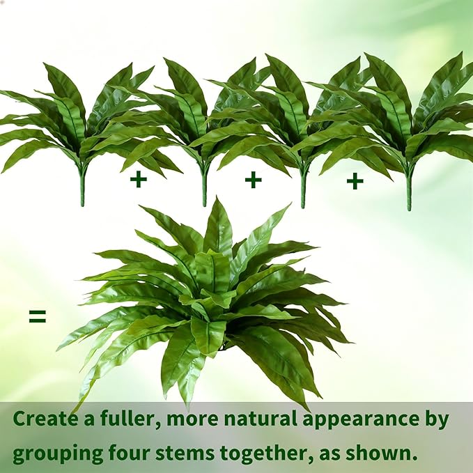 4 Pack Artificial Ferns Plants for Outdoors, UV Resistant, 23'' Outdoor Faux Bird Nest Fern with 72 Large Leaves, Realistic Fake Plant for Front Porch Pots Patio Hanging Planter Home