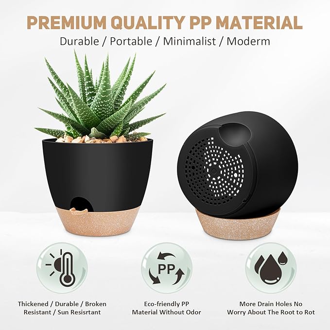 YNNICO 12 inch Large Self Watering Plant Pots, Flower Pots Planters with Multi Mesh Drainage Holes for Indoor Outdoor Garden Plants and Flowers.（Black）