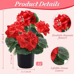 2 Pack Artificial Geranium Fake Flowers for Outdoors Spring Summer Decor, Silk Geraniums Red Flowers UV Resistant Faux Flower Potted Plants for Gardens Farmhouse Indoor Home Table Decor (Red)