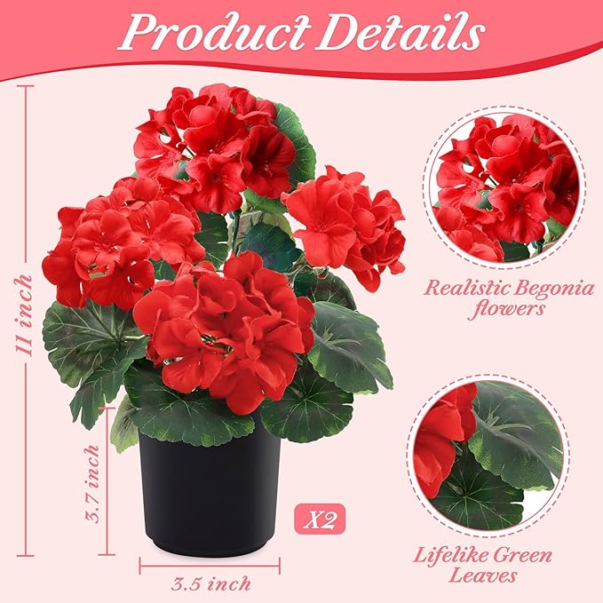 2 Pack Artificial Geranium Fake Flowers for Outdoors Spring Summer Decor, Silk Geraniums Red Flowers UV Resistant Faux Flower Potted Plants for Gardens Farmhouse Indoor Home Table Decor (Red)
