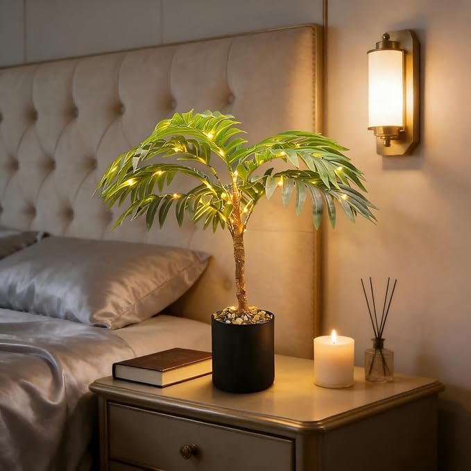 20'' Lighted Palm Tree Faux Plant with LED Lights - USB & Battery Box Powered - Artificial Palm Tree for Living Room, Home Decor, Indoor Decoration (Palm Leaf)