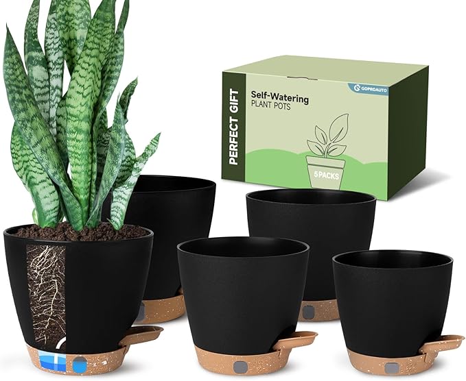 Self Watering Pots for Indoor Plants (5/5.5/6/6.5/8 Inch), Terra Cotta Planters with Water Level Indicator & Drainage,Wicking Pots for Monstera, Herbs & Snake Plant (Black, 5/5.5/6/6.5/8 Inch)