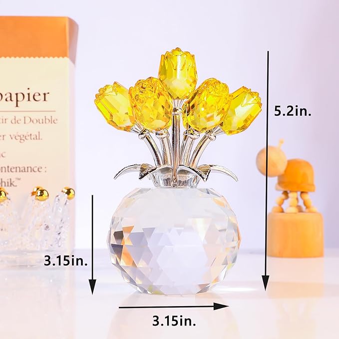 YWHL Handmade Crystal Yellow Rose Flower Figurine With Round Vase, Romantic Gifts for Wife Mom on Anniversary Birthday Mother's Day, Glass Flower for Sister Friends, Wedding Home Decorations