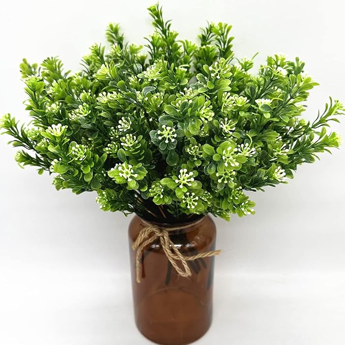 PASYOU Artificial Shrubs, Plastic Plants Fake Bean Shrub Bushes Grass Greenery Leaves Bush Indoor Outdoor Home Garden Party Verandah Wedding DIY Table Arrangement Decoration Planter Filler 8 Pack