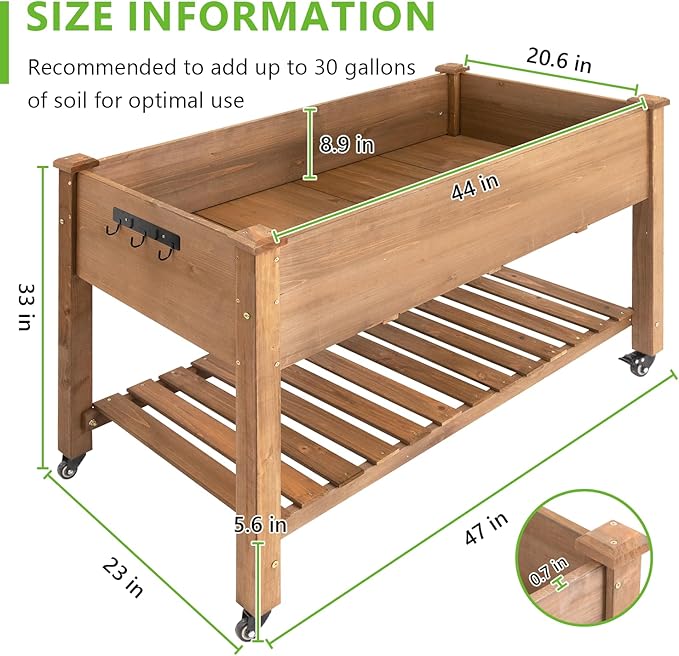 ketive Raised Garden Bed with Legs & Wheels –, Outdoor Elevated Planter Box with Storage Shelf & Hooks for Vegetables, Flowers, and Herbs for Outdoor Gardening, Patio, Balcony,48"x 24"x 33"(Brown)